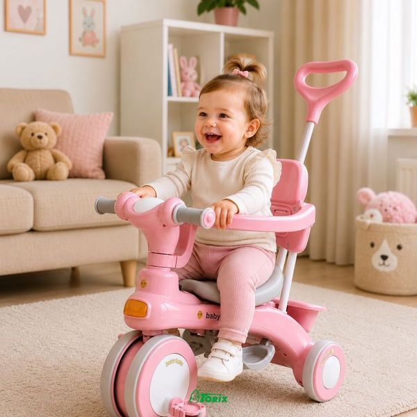 Велосипед триколісний Baby Carriage з батьківською ручкою та кошиком, рожевий 1561 фото