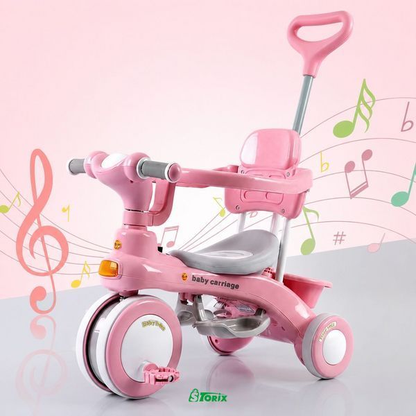 Велосипед триколісний Baby Carriage з батьківською ручкою та кошиком, рожевий 1561 фото
